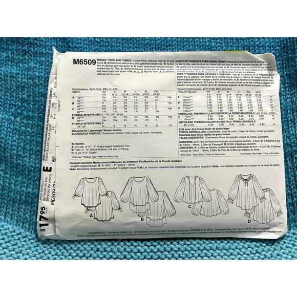 McCalls 6509 sewing pattern top tunic puff sleeve size L XL XXL - Picture 3 of 7